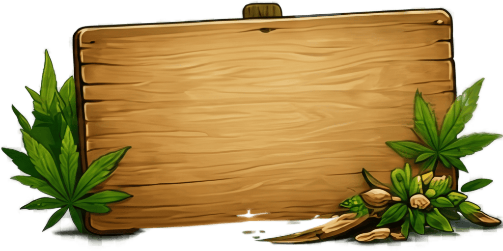 Free cannabis seeds on a wooden sign with green leaves and seeds.
