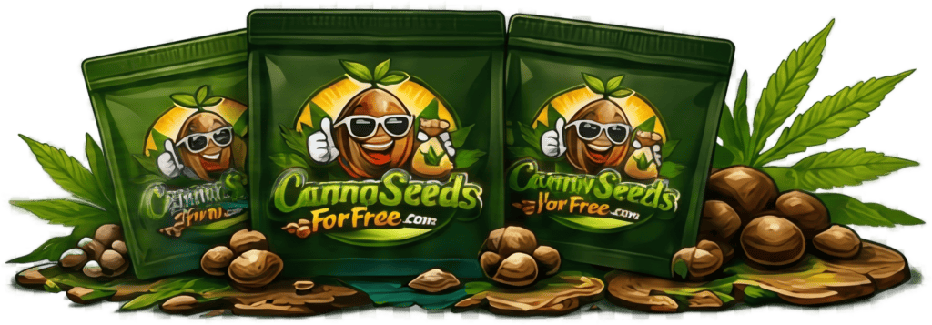 Canna Seeds For Free seed packets with cartoon mascot and cannabis leaves.