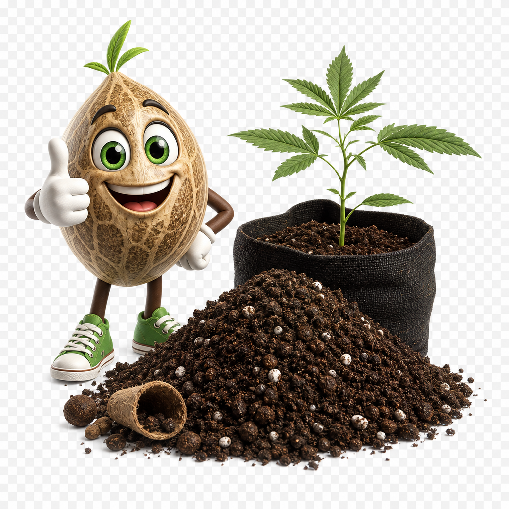 Smiling coconut mascot gives a thumbs-up beside a potted cannabis plant and fertile soil.