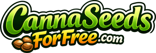 Canna Seeds For Free logo with green and orange text and coffee bean graphics.
