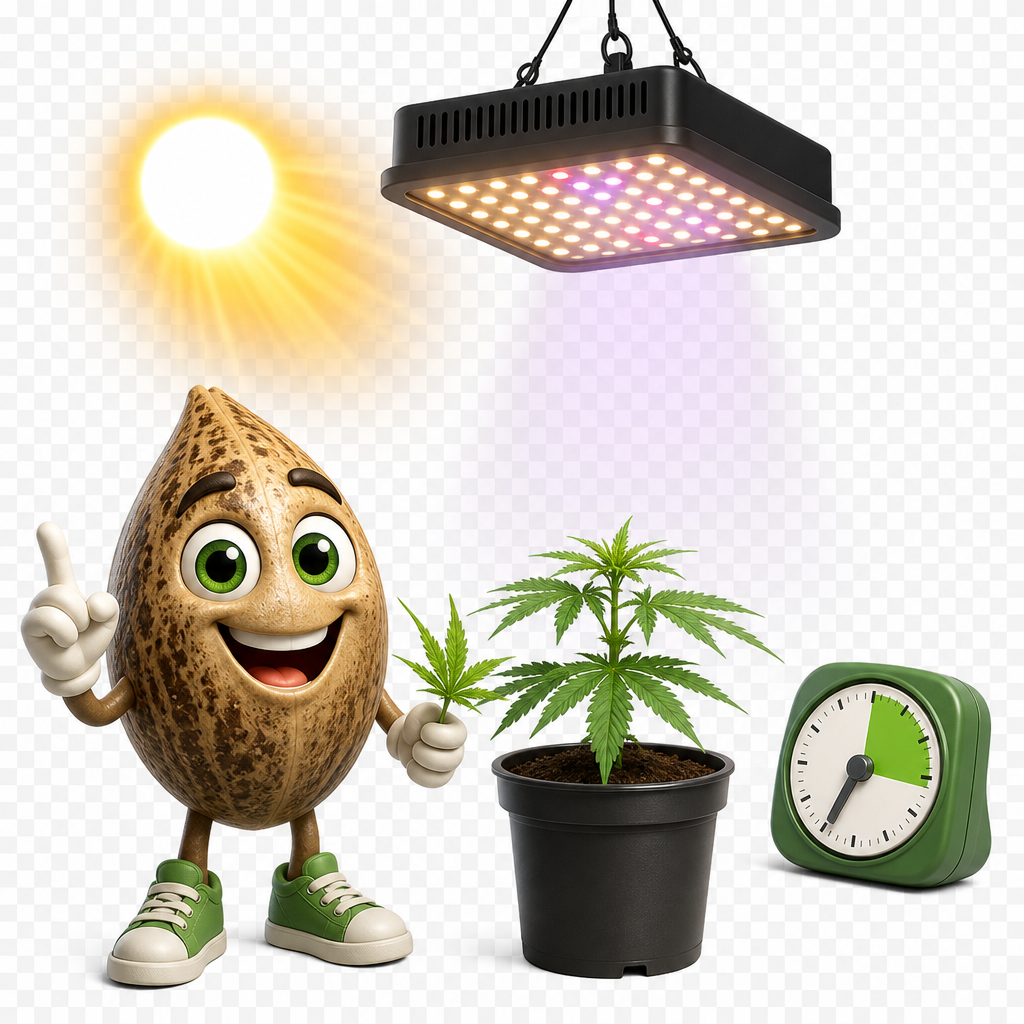 Animated coconut beside potted cannabis plant, LED grow light, and green clock.