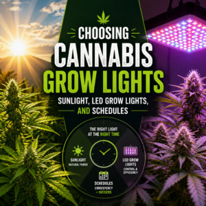 Cannabis plants under LED grow lights in an indoor grow tent.