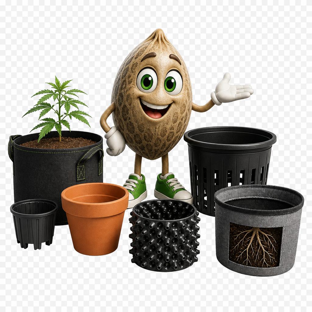 Cheerful coconut character beside assorted plant pots and a young palm tree