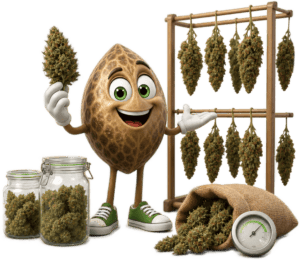Cartoon avocado displays dried cannabis buds on a wooden rack beside jars, sacks, and a scale.