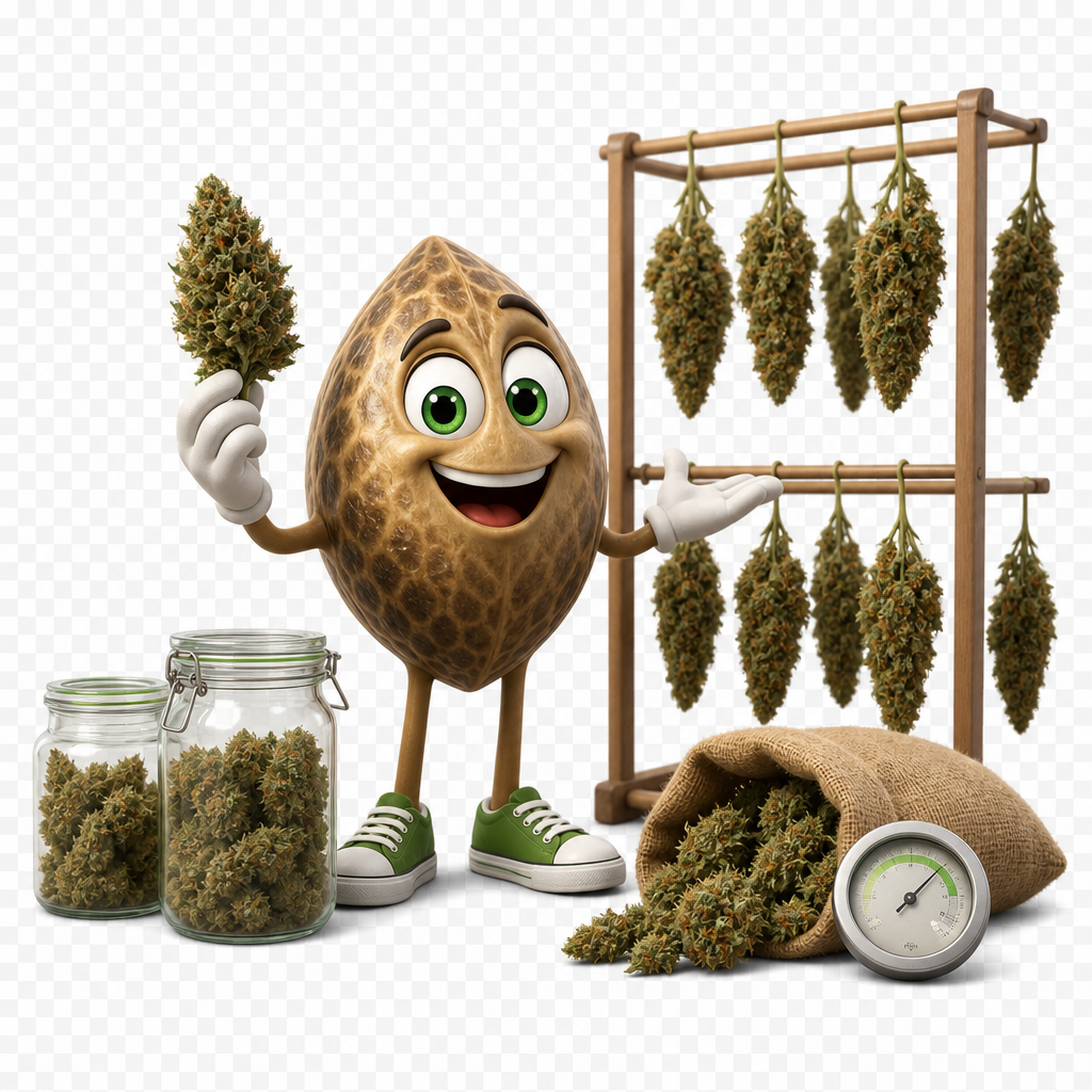 Cartoon avocado displays dried cannabis buds on a wooden rack beside jars, sacks, and a scale.