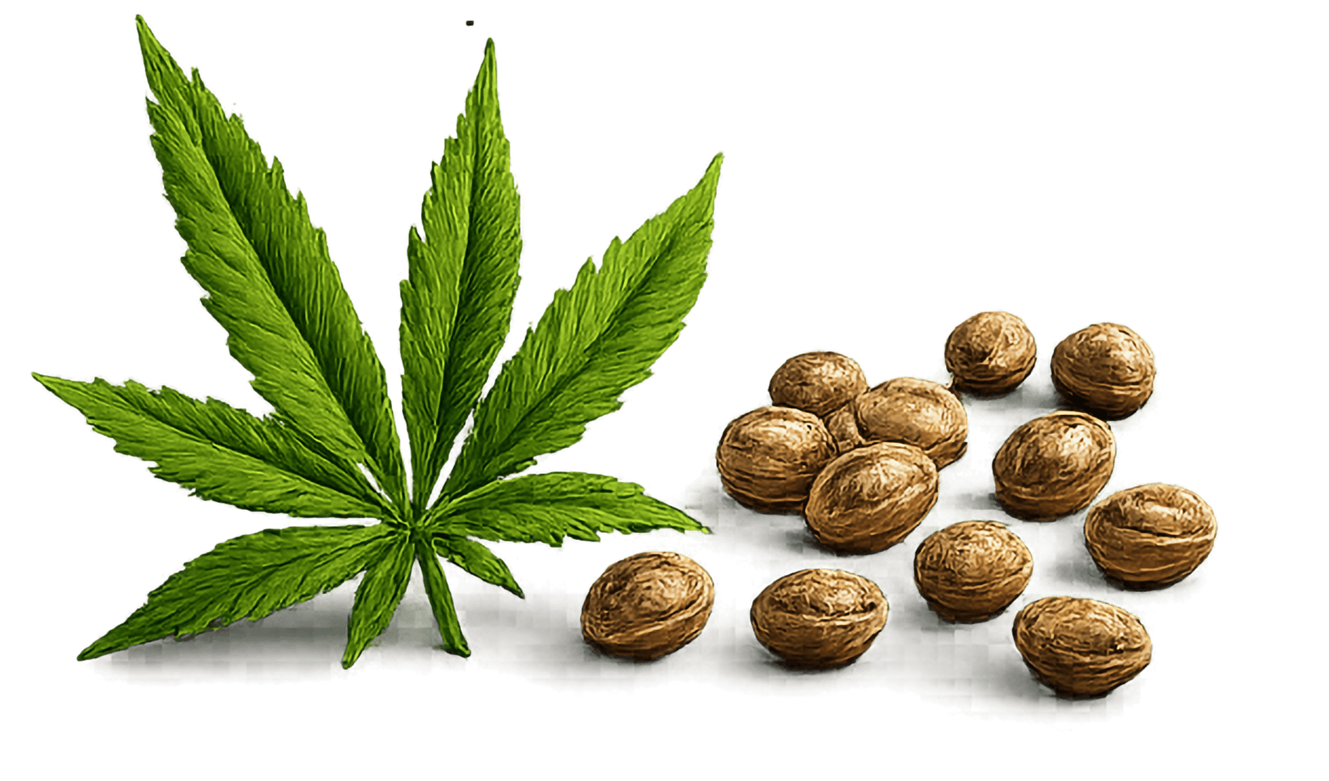 Cannabis leaf with scattered hemp seeds