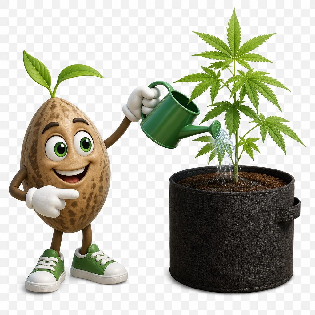 Cartoon potato character watering a potted cannabis plant with a watering can