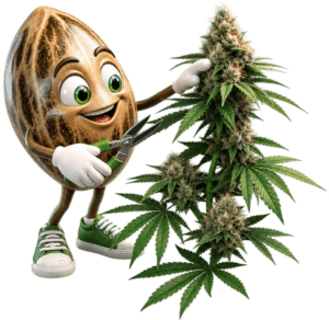 Cartoon coconut character trimming a flowering cannabis plant with garden shears
