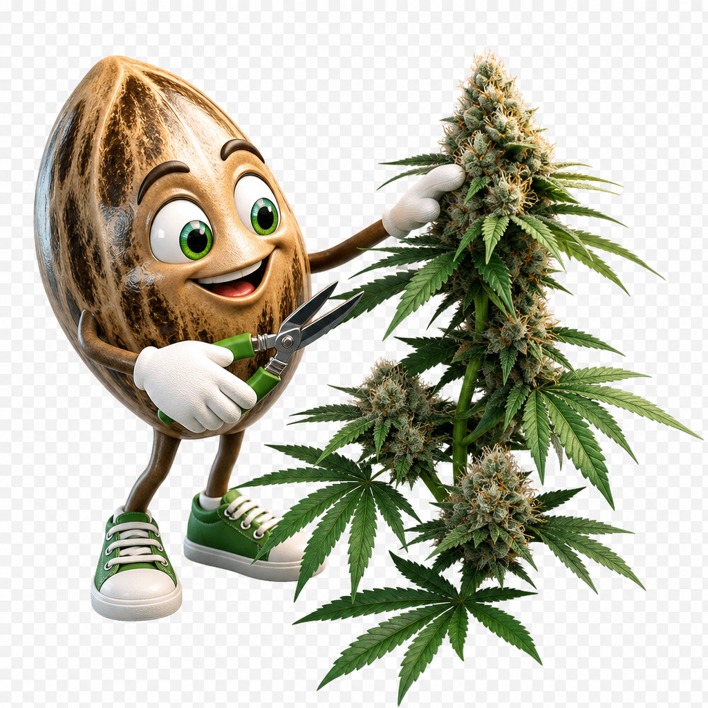 Cartoon coconut character trimming a flowering cannabis plant with garden shears