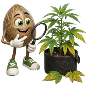 Cartoon detective examines a potted cannabis plant with a magnifying glass.