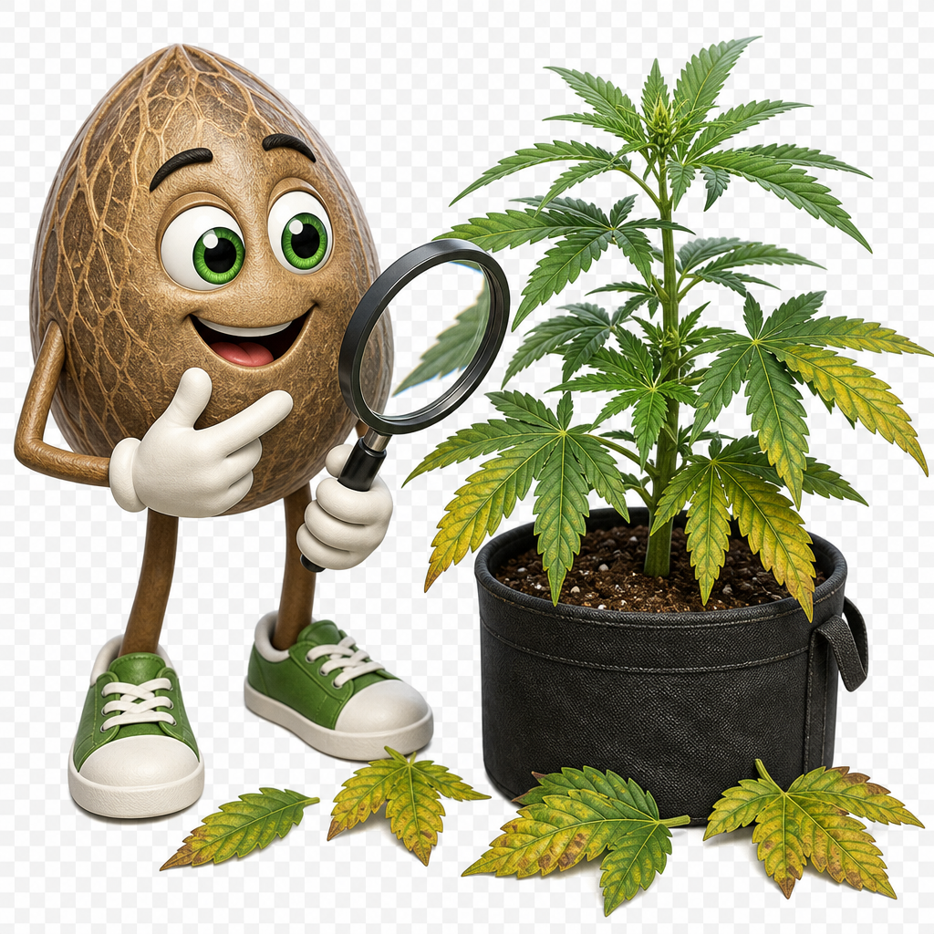 Cartoon detective examines a potted cannabis plant with a magnifying glass.