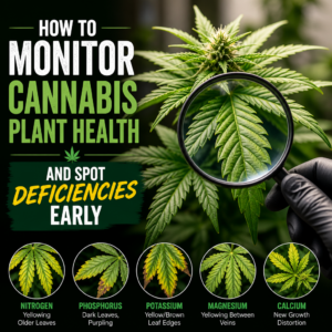 Infographic on monitoring cannabis plant health and spotting nutrient deficiencies early