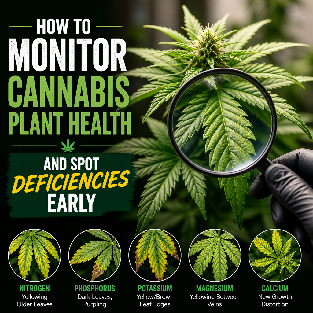 Infographic on monitoring cannabis plant health and spotting nutrient deficiencies early
