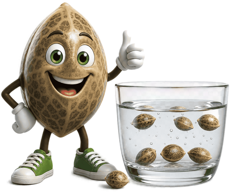 3D cartoon hemp seed giving thumbs up beside a glass of water with floating seeds