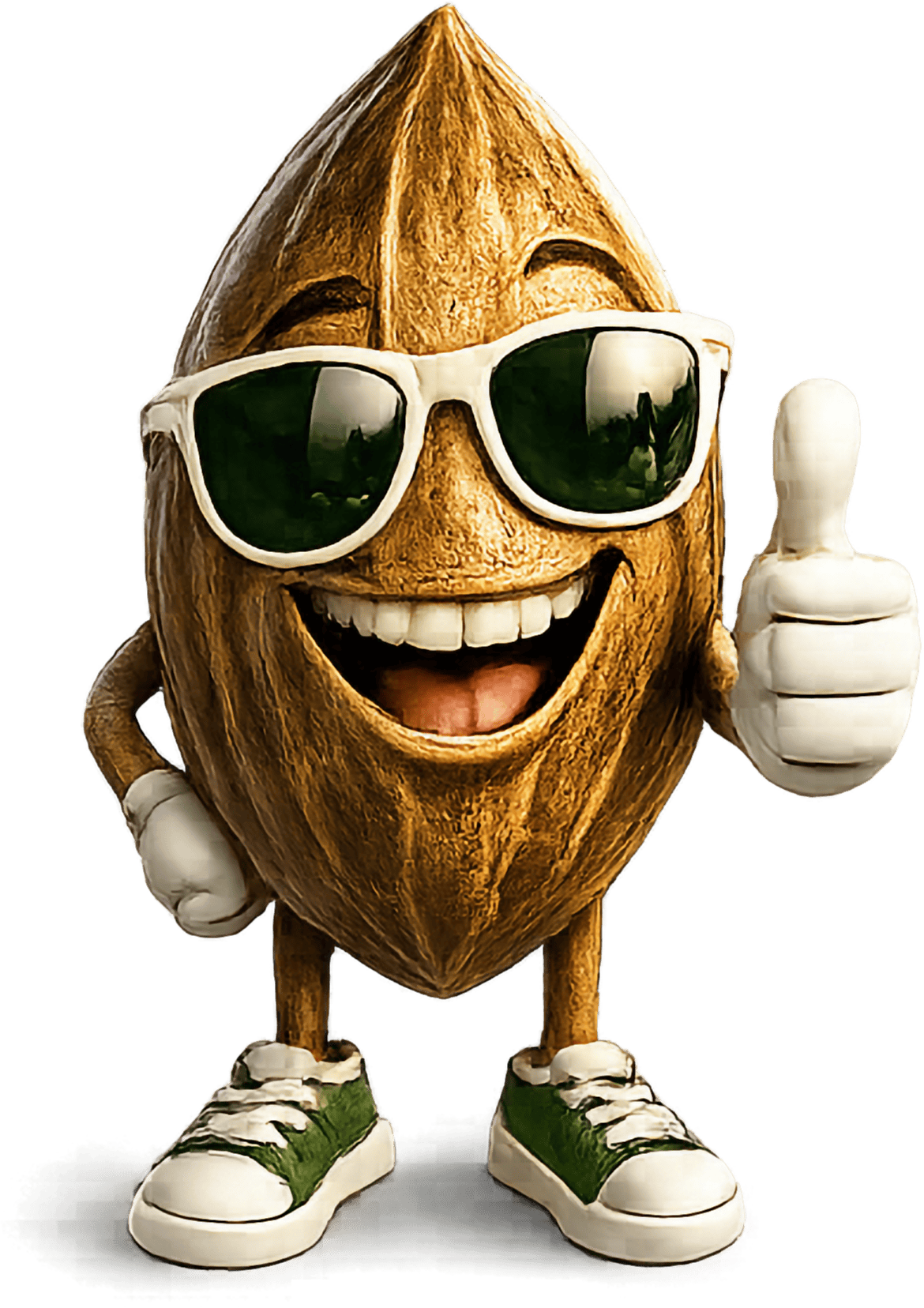 Smiling cartoon almond wearing sunglasses giving thumbs up