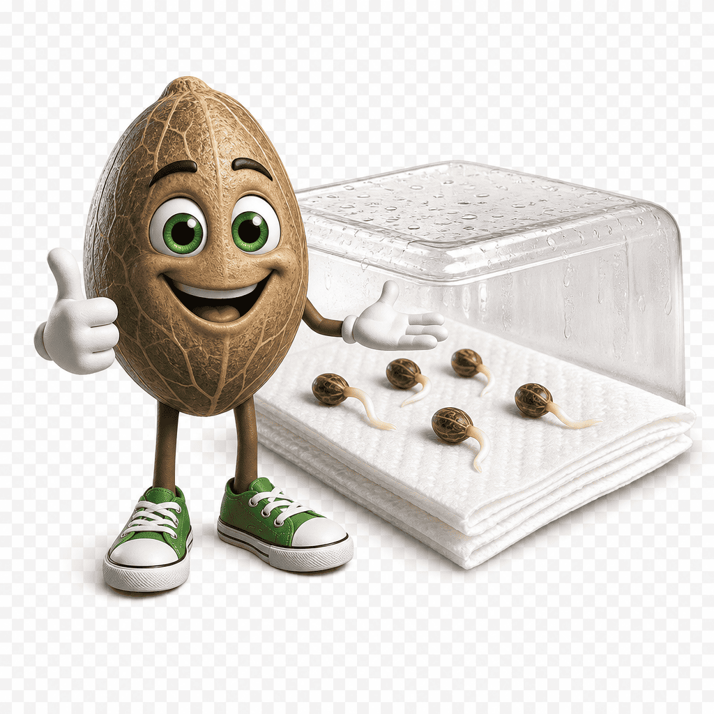Cartoon peanut in green shoes demonstrates sprouting seeds under a clear cover.
