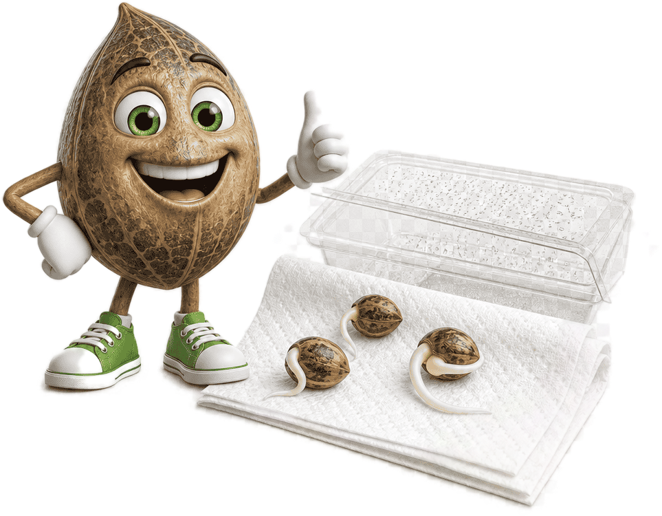 3D cartoon hemp seed character beside sprouting seeds on a paper towel in a clear plastic container