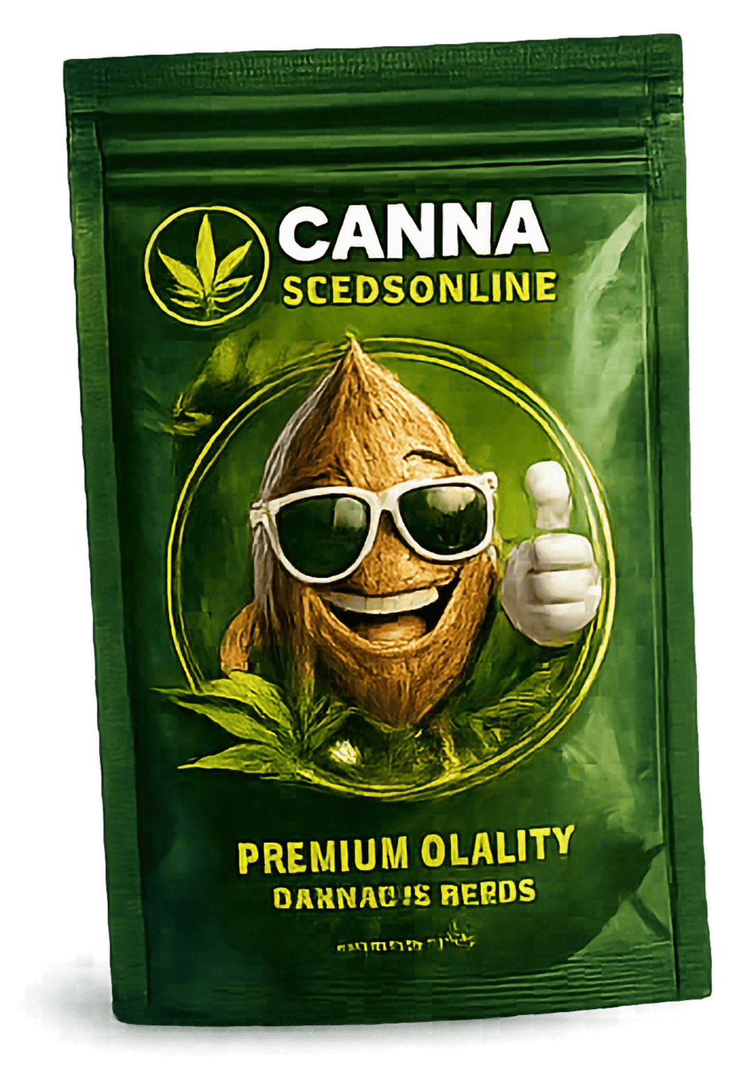 Cannabis seeds package with cartoon coconut mascot