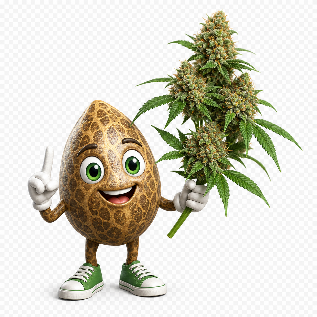 Cartoon spotted egg character holding a large cannabis plant with green leaves and buds