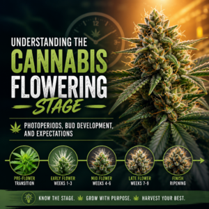 Infographic showing cannabis flowering stages from pre-flower transition through bud development, ripening, and harvest.