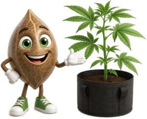 Cartoon seed character presents a healthy cannabis plant in a black fabric pot.
