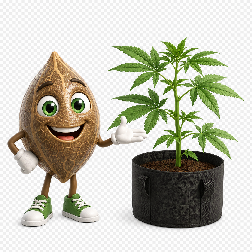 Cartoon seed character presents a healthy cannabis plant in a black fabric pot.