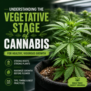Infographic of a healthy cannabis plant in the vegetative stage with cultivation tips.
